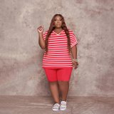 Plus Size Striped V Neck T Shirt And Shorts Sets PHF-13282