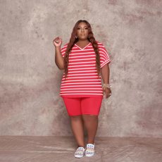 Plus Size Striped V Neck T Shirt And Shorts Sets PHF-13282