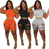Solid Hole Two Piece Shorts Sets YNSF-1820
