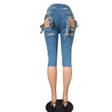 Denim Ripped Hole Calf Length Jeans Pants GCNF-0185