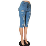 Denim Ripped Hole Calf Length Jeans Pants GCNF-0185