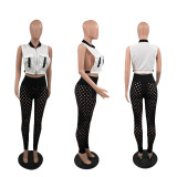 Sexy Sleeveless Buckle Top+Hole Pants 2 Piece Sets QSF-51062
