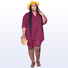 Plus Size Solid Casual Two Piece Shorts Sets WAF-77454