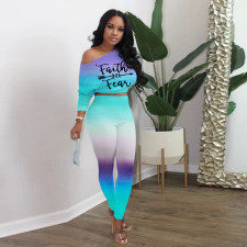 Gradient Letter Off Shoulder High Waist Two Piece Sets XYMF-88113