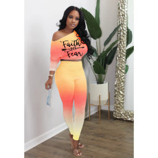 Gradient Letter Off Shoulder High Waist Two Piece Sets XYMF-88113