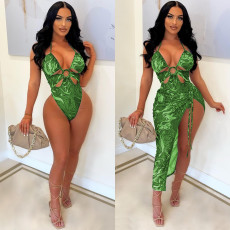 Sexy Printed Bodysuit+Split Skirt Two Piece Sets BN-9327