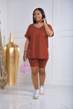 Solid V Neck Split T Shirt And Shorts Two Piece Sets YD-8597