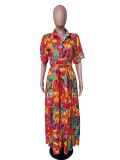 Floral Print Short Sleeve Buttons Sashes Maxi Dress MK-3090
