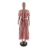 Striped V Neck Short Sleeve Sashes Long Shirt Dress YN-88857