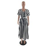 Striped V Neck Short Sleeve Sashes Long Shirt Dress YN-88857