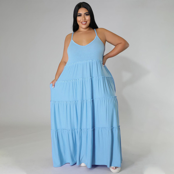 Plus Size Solid High Waist Sling Maxi Dress BMF-097