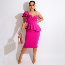 Elegant One Shoulder Ruffled Peplum Dress MEI-9259