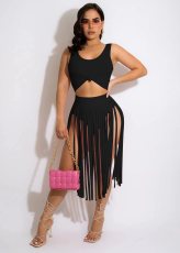 Solid Tank Top Tassel Skirt Two Piece Sets FENF-234