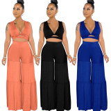 Solid Sleeveless Crop Top Wide Leg Pants 2 Piece Sets ME-S807