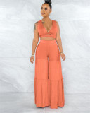 Solid Sleeveless Crop Top Wide Leg Pants 2 Piece Sets ME-S807