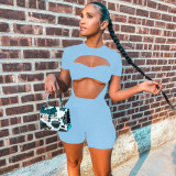 Solid Hollow Out Bodysuit+Shorts 2 Piece Sets ME-S905