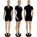 Solid Short Sleeve Buttons Slim Mini Dress MXDF-6098