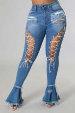 Plus Size Denim Ripped Hole Lace-Up Flared Jeans LX-5517