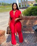 Plus Size Solid Short Sleeve Sashes Jumpsuit NM-8513