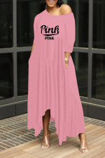 Pink Letter Print Big Swing Irregular Maxi Dress OJS-9316