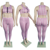 Plus Size Houndstooth Print Tank Top And Pants Sets QGBF-8028