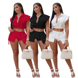 Solid Sleeveless Crop Top And Shorts 2 Piece Sets IV-8311
