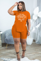 Plus Size Letter Print Lace-Up T Shirt And Shorts Sets QYYF-A072