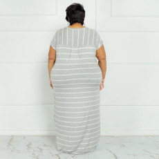 Plus Size Striped Short Sleeve Split Maxi Dress OSIF-22301
