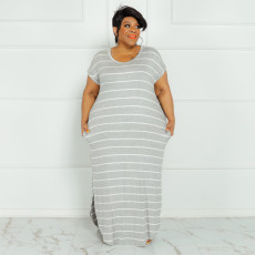 Plus Size Striped Short Sleeve Split Maxi Dress OSIF-22301