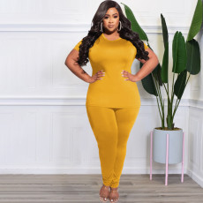 Plus Size Solid T Shirt And Pants 2 Piece Sets OSIF-22289