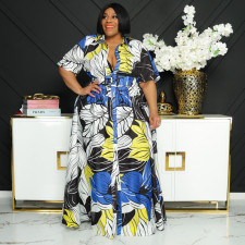 Plus Size Printed Short Sleeve Belted Maxi Dress OSIF-22258