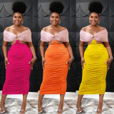 Contrast Color Off Shoulder Ruched Midi Dress BY-5770