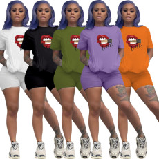 Plus Size Lips Printed T-shirt Shorts 2 Piece Sets QYYF-A015