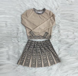 Plus Size Printed Long Sleeve Mini Skirt 2 Piece Sets QCRF-8058