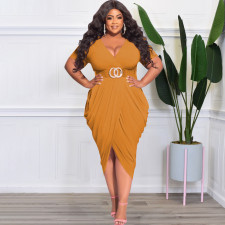 Plus Size Solid V Necl Short Sleeve Midi Dress (Without Belt)OSIF-22288