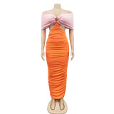 Contrast Color Off Shoulder Ruched Midi Dress BY-5770