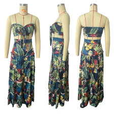 Floral Print Wrap Chest Maxi Skirt Two Piece Sets HEJ-5073