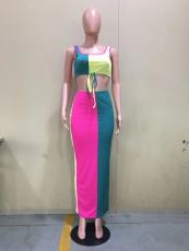 Contrast Color Ribbed Sleeveless Maxi Skirt 2 Piece Sets OD-8488