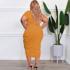 Plus Size Solid V Necl Short Sleeve Midi Dress (Without Belt)OSIF-22288