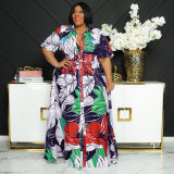 Plus Size Printed Short Sleeve Belted Maxi Dress OSIF-22258