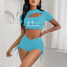 Sexy Hollow Out Drawstring Two Piece Shorts Sets CXLF-879