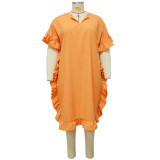 Plus Size Solid Ruffled Short Sleeve Loose Dress NNWF-7506