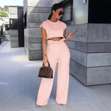 Solid Short Sleeve High Waist Pants 2 Piece Sets CXLF-880