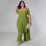 Plus Size Solid Irregular Top And Pants 2 Piece Sets NNWF-7525