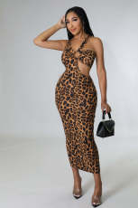Leopard Print Sleeveless Hollow Out Maxi Dress BYMF-60803