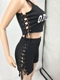 Letter Print Lace-Up Tank Top And Shorts 2 Piece Sets NLAF-60115