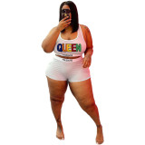 Plus Size QUEEN Letter Print Sleeveless Top Shorts 2 Piece Sets WAF-718168