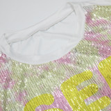 Fashion Casual Print Letter Sequin Round Neck Half Sleeve Dress CYA-CY9872   