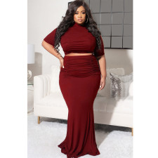 Plus Size Solid Ruched Maxi Skirt Two Piece Sets NNWF-7473