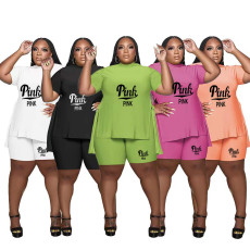 Plus Size Pink Letter Print Split Top And Shorts Sets OUQF-205